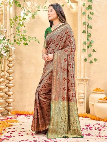 Image of Satrani Women's Silk Banarasi Weaving Saree with Unstitched Blouse Piece