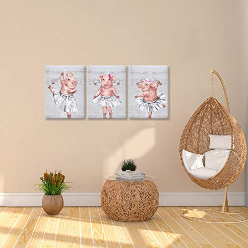 Zlove Funny Animal 3 Pieces Canvas Wall Art Pig Dancing Ballet Cartoon Piggy Picture On Wood Background Vintage Style Painting Stretched And Framed For Kids Bedroom Home Decor Ready To Hang #TOP2