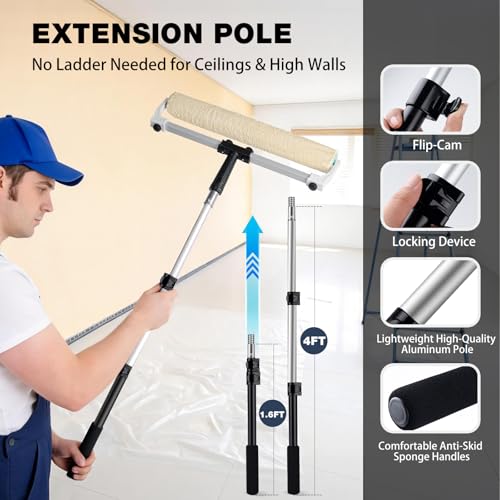 Mister Rui 18 Inch Paint Roller Kit with 4FT Extension Pole, 14 Piece Paint Set for Large Walls and Ceilings, Heavy-Duty Tray with 3 Liners, Low-Lint Microfiber Covers, Brush, Tape and Drop Cloth - Image 4