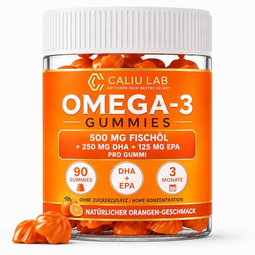Omega 3 Gummies 500 mg Fischöl | 250 mg DHA + 125 mg EPA | 90 Omega 3 Gummibärchen | Omega 3 EPA DHA Hochdosiert | Herz Gehirn & Augen | Für Kinder und Erwachsene | Orangengeschmack | 3 Monate