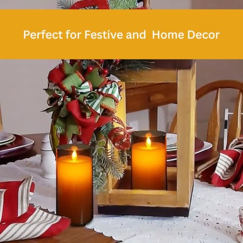 Image of Flameless LED Pillar Candle Set of 2 | Acrylic Fiber Glass | Dancing Faux Wick | Remote Control with Battery Operated 3 AA | Home Decor & Gifting | 3 inch D x 6 inch H | Grey