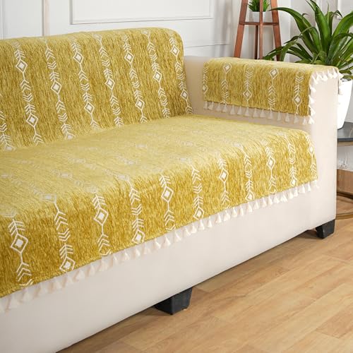 STITCHNEST Chenille Printed Sofa Cover 3 Seater with 2 Hand Rest Covers – Washable Mustard Sofa Cover with Tassels – Durable Premium Fabric – Stylish Sofa Protector for Living Room & Furniture Decor