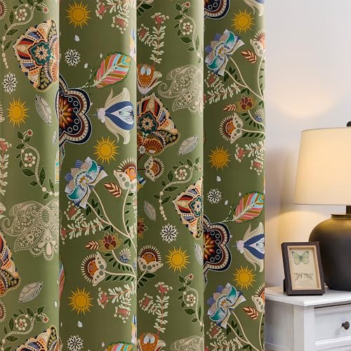 Image of XiDi Sage Green Floral Patterned Curtains Boho 100% Blackout Curtains 52x84