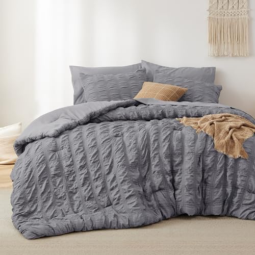 Bedsure Bed in a Bag Twin - 5 Pieces Plaid Seersucker Bedding Comforter Sets, Soft Lightweight Grey Boho Bed Set with Comforters Twin Size, Sheets, Pillowcase & Sham