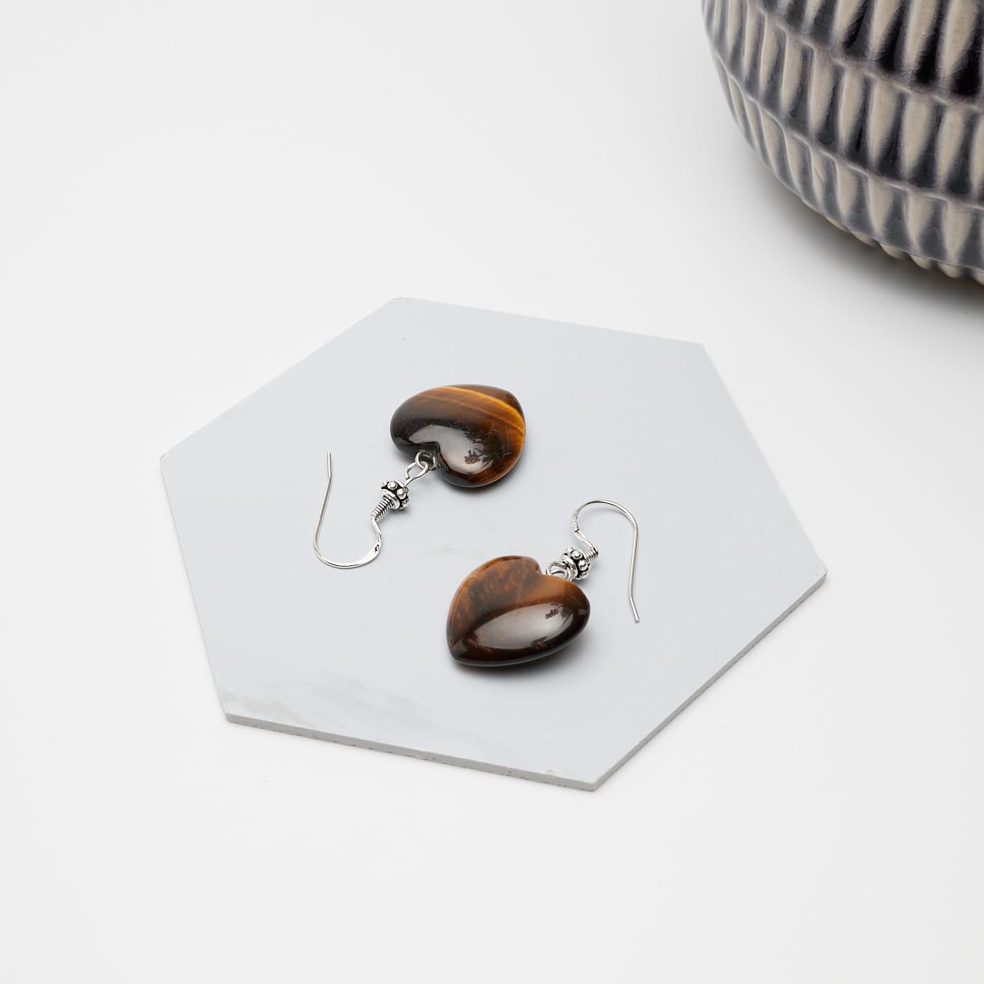 Orecchini a Forma di cuore da Donna - Perle di pietre preziose naturali da 20 mm con orecchini a gancio in argento 925 (Occhio di tigre marrone)