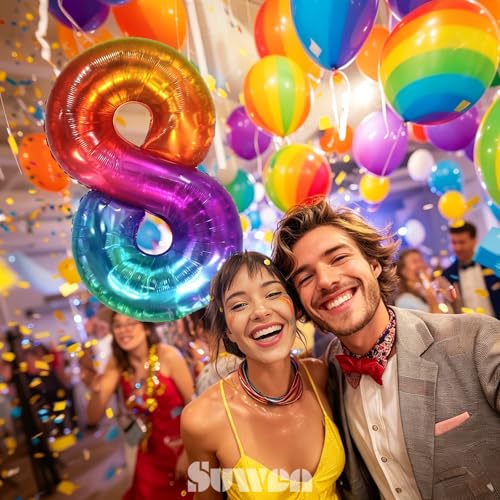 Image of SUWEN Rainbow Number 8 Balloon 40 Inch,Big Colorful Balloons 0-9 | Large Gradient Jelly 8th Helium Foil Mylar Number Multicolor Balloons for Birthday Anniversary Party Decorations