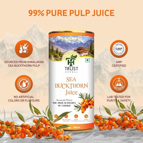 Image of TRUST HERBAL Himalayan Sea Buckthorn Juice - 300 ML | Pulp Concentrate Made for Your Total Body Care & Wellness | Natural Source of Vitamin C, Omega 3, 6, 7, 9 & Antioxidants | For Men & Women (PACK OF 1) (300 ML)