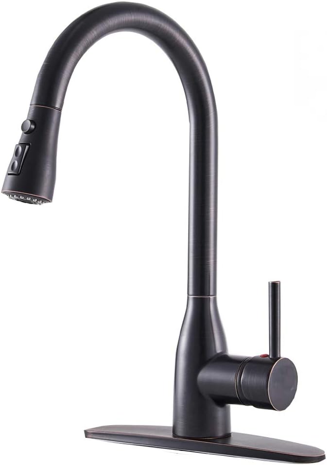 Commercial Brass Single Handle Pull Out Sprayer Lead-Free Oil Rubbed Bronze Kitchen Faucet, Kitchen Sink Faucets with Deck Plate