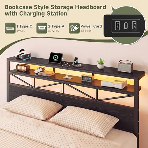 Image of Homkdom King Size Bed Frame with Large 4 Drawers, 2-Tier Shelf, LED Light and Charging Station, Heavy Duty Platform Bed with 880 lbs Capacity, Easy Assembly, Black