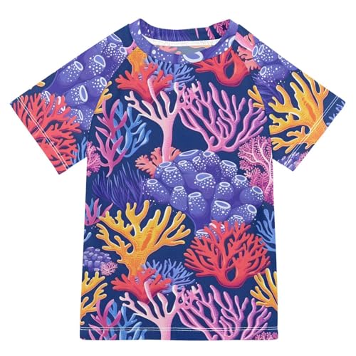 ALAZA Kids Rash Guard Boys Toddler Swim Shirts Short Sleeve Sea Corals UPF 50+ 3T