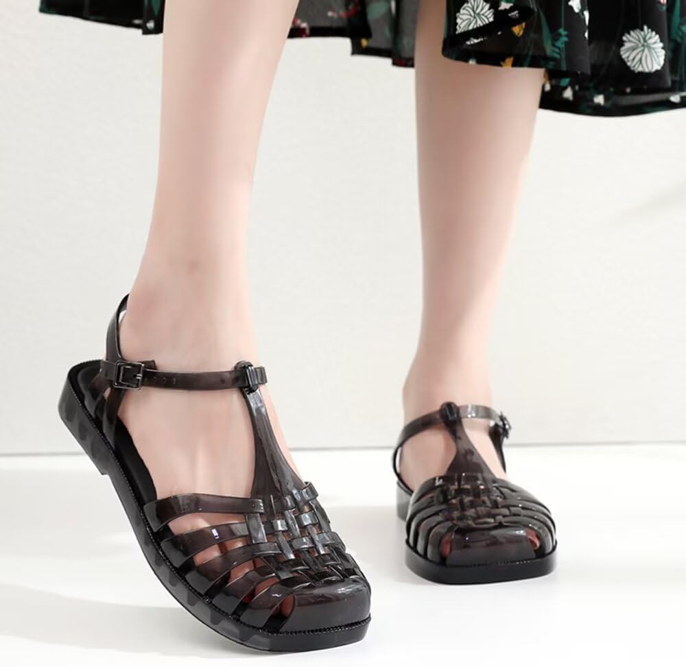 LUXINYU Women Jelly Sandals Adjustable Buckle T-Strap Round Toe Slingback Bling Flats Summer Fisherman's Sandal Glitter Rain Shoes image 2