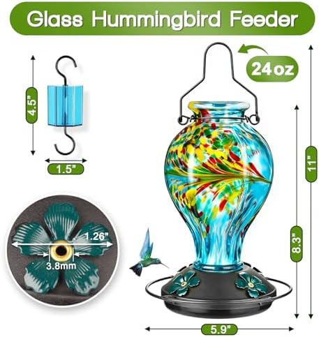 Tegarbed Hand Blown Glass Hummingbird Feeders for Outdoors Hanging, 24oz Wild Bird Nectar Feeder with Ant Moat and Perch, Bee-Resistant Ports, Garden Decor, Gifts for Women Mom, 1 Pack, Blue Phoenix - 1