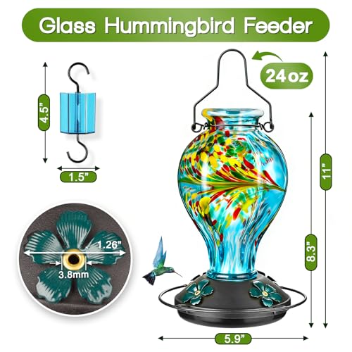 image for Tegarbed Hand Blown Glass Hummingbird Feeders for Outdoors Hanging, 24