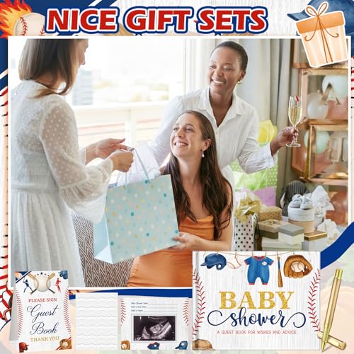 Image of Fuyoooo 27 Pcs Baseball Baby Shower Guest Book Set Baby Shower Sign in Guest a Little Slugger is on the Way Book Place Table Cards with Gold Pen Adhesive Photo Corner for Birthday Party