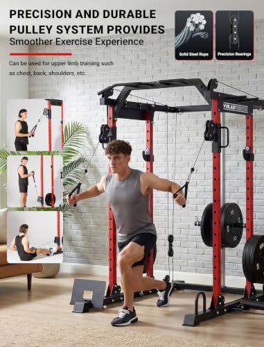 Image of YOLEO Smooth Pulley System Power Cage, Adjustable Cable Crossover Power Rack, Multi-Functional Cable Machine for Home Gym