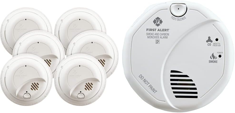 First Alert BRK SC7010B Hardwired Smoke and Carbon Monoxide (CO) Detector with Battery Backup, White & BRK 9120B6CP Hardwired Smoke Alarm with Backup Battery, 6-Pack - - 