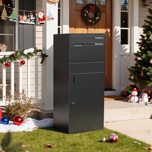 Image of Merapi Package Delivery Box for Porch, Lockable Outdoor Parcel Drop Box with Rear Access Door, Large Capacity Package Box for Packages, Heavy Duty Steel, Weather Resistant, Easy Setup