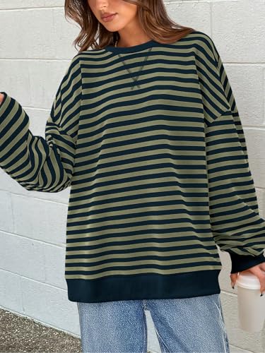 Image of PRETTYGARDEN Womens Striped Oversized Sweatshirt Color Block Crew Neck Long Sleeve Casual Loose Pullover Top Y2K Clothes
