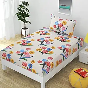 Furnistitchs Glace Cotton Elastic Bedsheet Single Bed with 1 Pillow Cover, Single Fitted Bedsheet 36