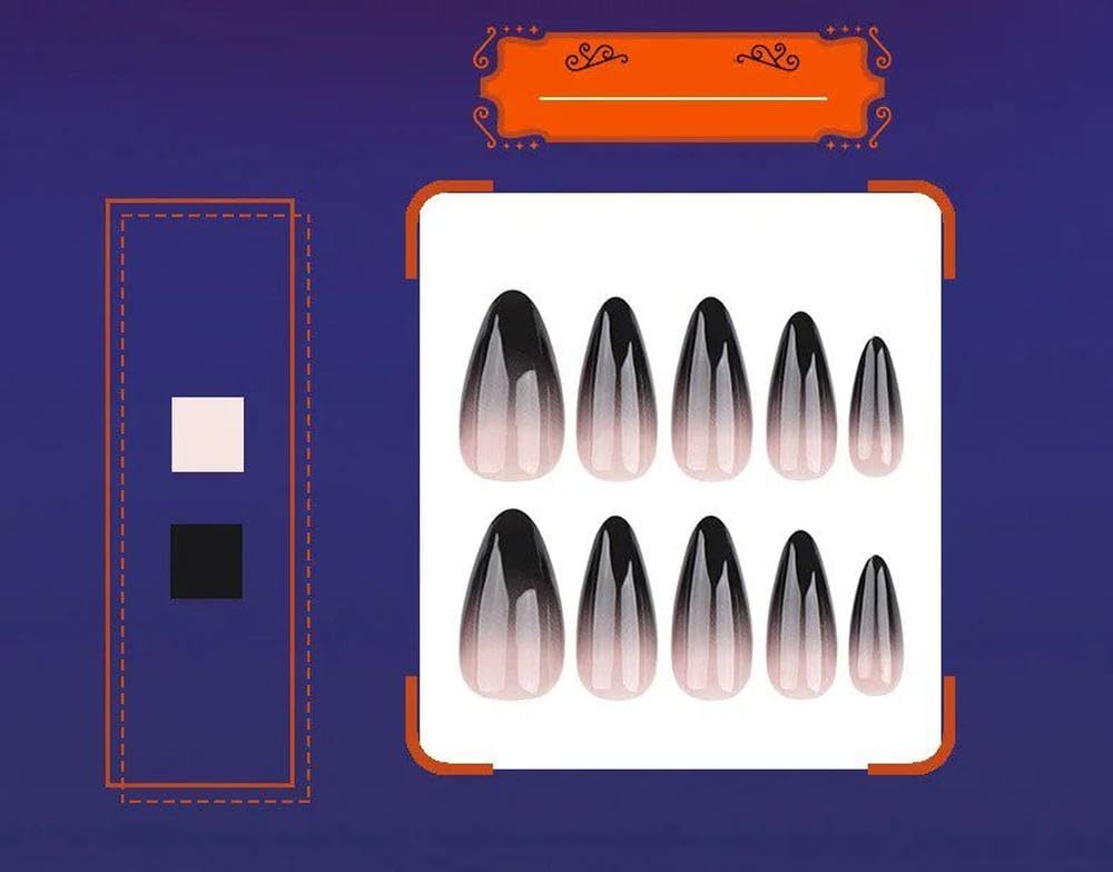 24pcs Black Gradient French Almond Fake Nails Ghost Pumpkin Detachable Press On Nails DIY Manicure(Y2)