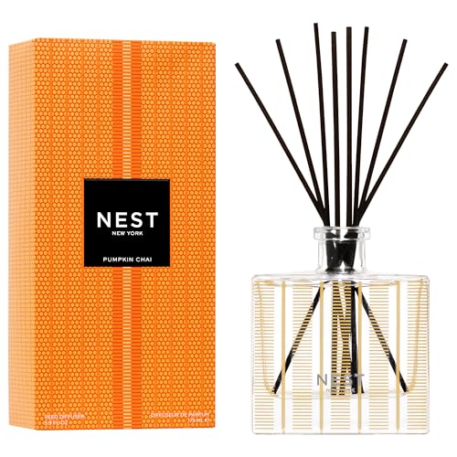 NEST New York Reed Diffuser Pumpkin Chai - The Fall Collection - 5.9 fl oz - Fragrance for Up to 90 Days - Reusable Refillable Glass Holder - Includes 8 All-Natural Reed Sticks - Flame Free