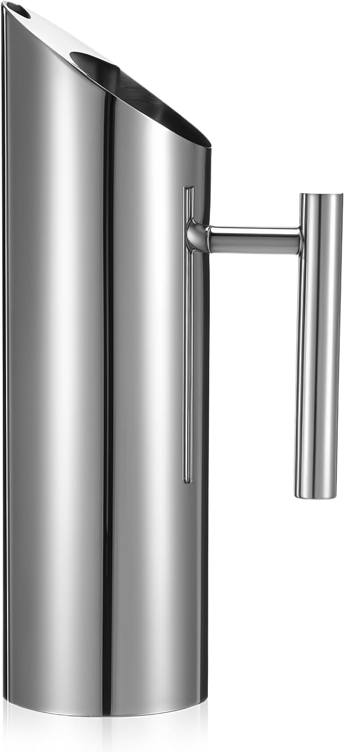 Stainless Steel Water Pitcher, 53oz/1.5L Modern Metal Pitcher with Ice Guard, Silver Carafe Drink Jug with Handle, Beverage Container for Iced/Hot Tea, Juice, Coffee, Milk