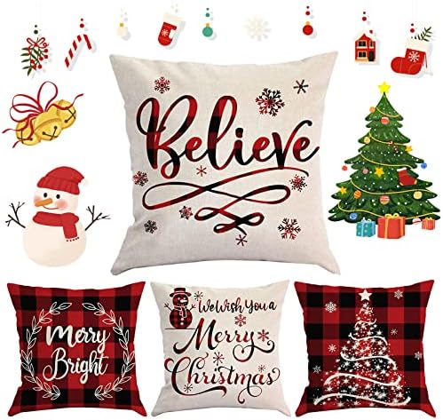 Christmas Decor Pillow Covers 18×18, Set of 4 Farmhouse Plaid Pillow Covers Holiday Rustic Red Christmas Throw Pillows, Decorative Winter Pillow Cases Cushion Covers for Home Sofa Outdoor