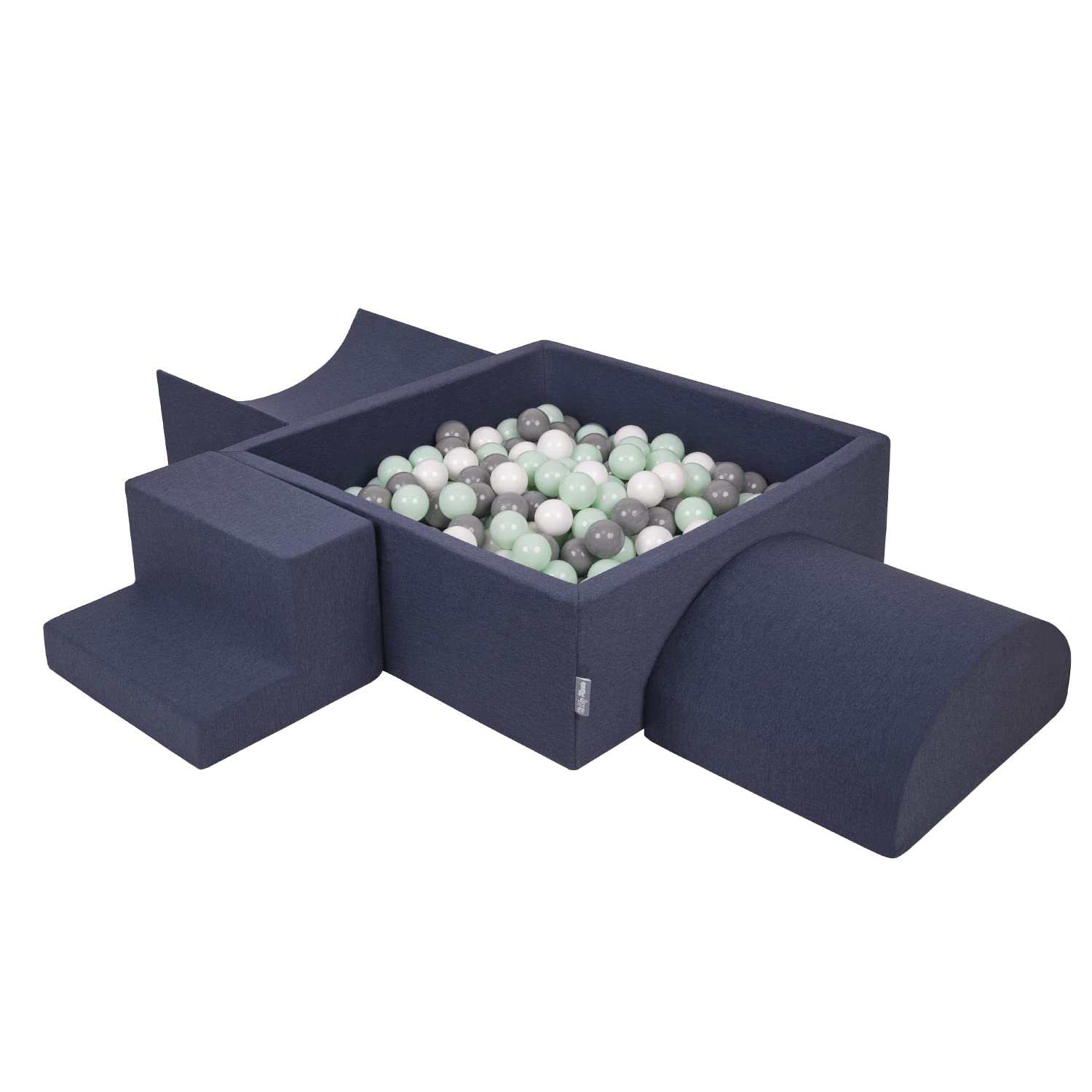 KiddyMoon Foam Playground For Kids With Square Ballpit (300 Balls ∅ 7Cm/2.75In) Soft Obstacles Course And Ball Pool, Made In The EU, Darkblue:White/Grey/Mint