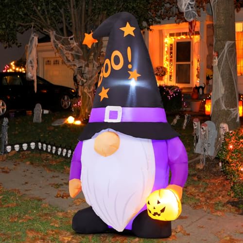Image of GOOSH 5 FT Halloween Inflatables Gnomes Outdoor Decorations Blow Up Yard Cute Gnomes Helding Pumpkin with Built-in LEDs for Garden Lawn Indoor Party Decor