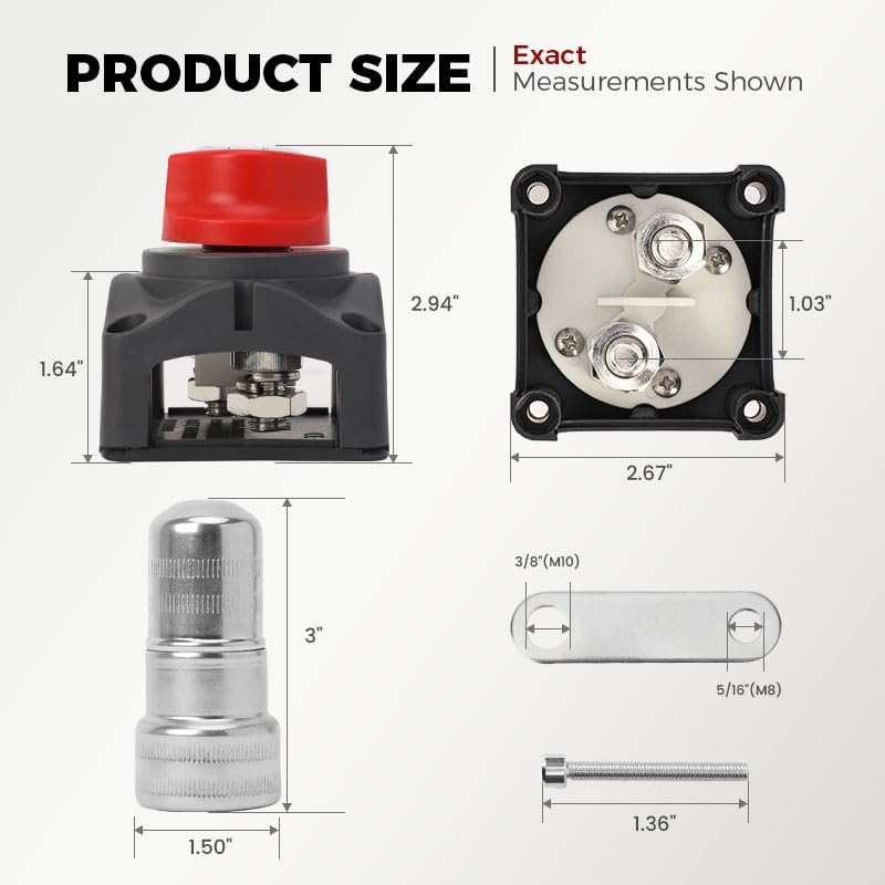 Battery Disconnect Switch 12V 24V 48V Waterproof Top Post Battery Cut Off Kill Switch Master for Car Truck RV Boat Marine ATV UTV Trailer Camper Vehicles Heavy Duty Power Shut Off