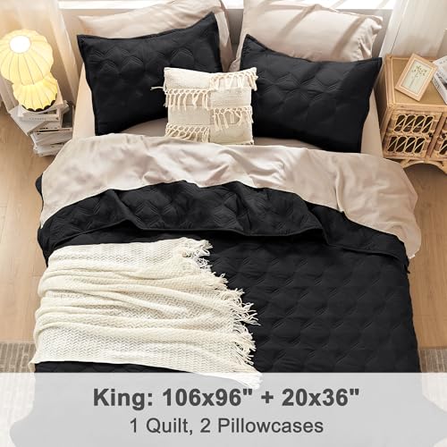 Image of Litanika King Size Quilt Bedding Set, Black Summer Lightweight Soft Comforter Bedspreads & Coverlets, Boho Farmhouse Bedding Cover Bed Decor All Season, 3 Pieces (1 Quilt, 2 Pillowcases)