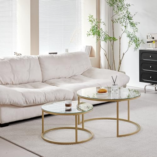 Uderkiny Juego de 2 mesas de centro apilables, mesas de centro redondas, tapa de cristal templado, patas de metal doradas, adecuada para salón, comedor, café(80 x 45 cm, diámetro 60 x 35 cm) - imagen 3