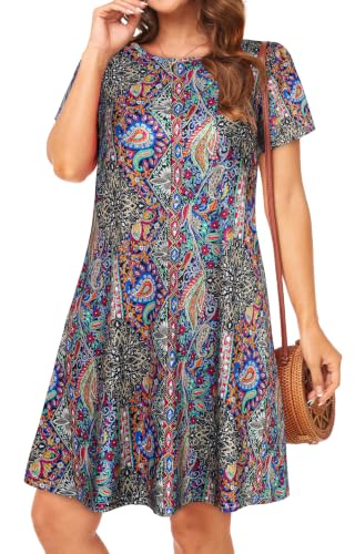 Image of Womens Summer Dresses Beach Casual Loose Tshirt Floral Short Sleeve Flowy Pockets Sundresses 2026