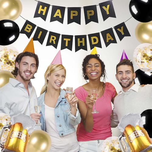 Image of ZHENGYE Black Gold Birthday Decorations Set Happy Birthday Banner Latex Balloon Beer Balloons Beer Themed Decoration Party Supplies