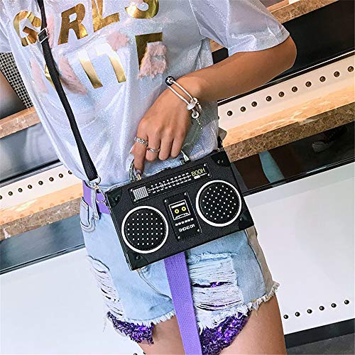 Unique Vintage Radio Shaped Crossbody Bag Women Clip Clasp Shoulder Bag Handbag (Black)2