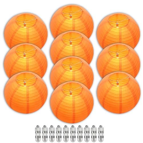 Image of Orange Chinese Paper Lanterns with LED Lights, 10-Pack 10inch | Hanging Lights for Halloween, Fall Festival, Birthday Decorations, Ceiling Decor & Home Party