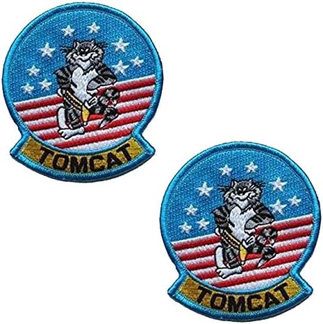 Tom Cat Top Gun Movie Costume Airforce Fighter Cosplay Costume Embroidered Patch Military Tactical Morale Fastener Hook Loop Backing Patches Appliques Badges 3.5 inch 2PCS
