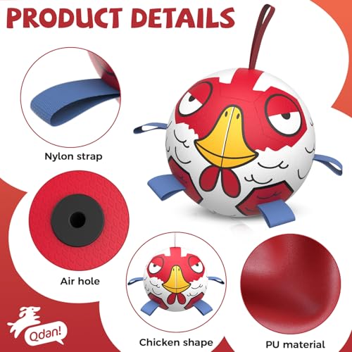 Image of QDAN Dog Ball, Dog Soccer Ball Toy with Straps, Outside Dog Toys,6 Inch | Puppy Outdoor Water Pool Dog Toys, Birthday Gifts Toy for Small Medium Dogs, Interactive Fetch Tug& Chase Play, Chicken Ball