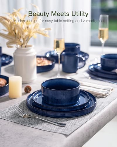Image of Famiware Star 16-Piece Stoneware Dinnerware Set, Service for 4, Reactive Glaze Mugs, Plates and Bowls, Dishes with Trim, Modern Rustic, Chip /Scratch Resistant, Microwave /Dishwasher Safe, Nebulas Blue