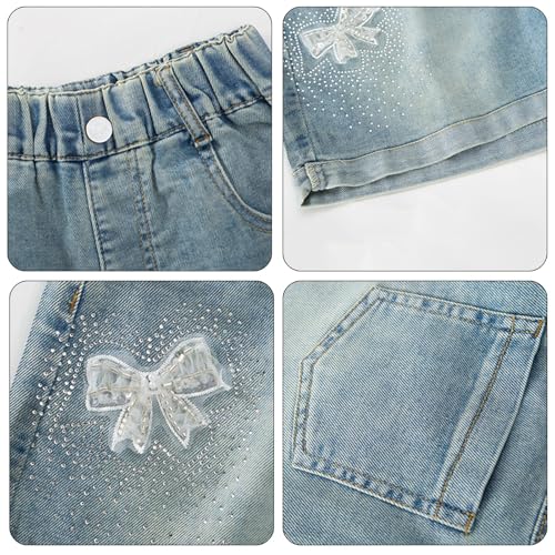 Girls Denim Shorts Bow Graphic Elastic High Waist Baggy Wide Leg Loose Fit Jeans Shorts with Pockets4