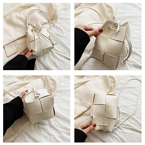 Women's Mini Woven Bucket Bag, Square Lattice Drawstring Leather Small Hobo Handbag Crossbody Handbags Soft Adjustable (Kiwi green)4