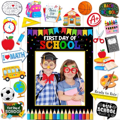 Back to School Photo Props 27Pcs Back to School Decorations First Day of School Selfie Frame with Photo Booth Props for Welcome Back to School Themed Party Decorations