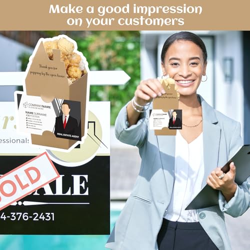 Image of Hoolerry 100 Set Open House Gift Real Estate Agent Supplies Popcorn Box with Card Holder Open House Supplies Business Gift Card Thank You for Popping by Candy Box for Estate Agent Favors(Kraft)