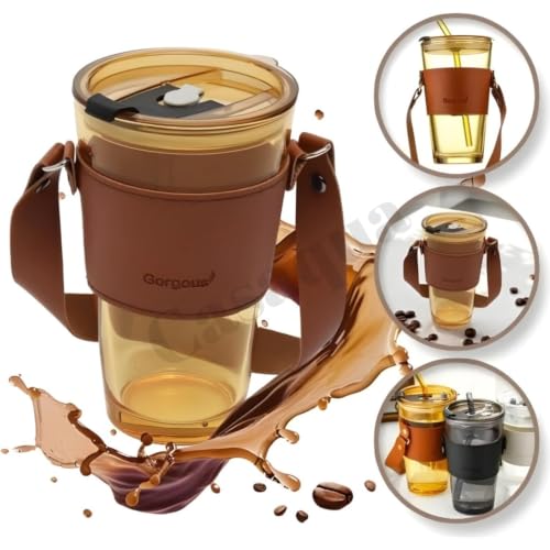 Image of Glass Tumbler with Lid & Straw - 450ml, Set of 1, Iced Coffee Cup, Clear Drinking Glass with Silicone Grip Sleeve, Leak-Resistant Lid, Travel Tumbler for Coffee, Tea, Office Use