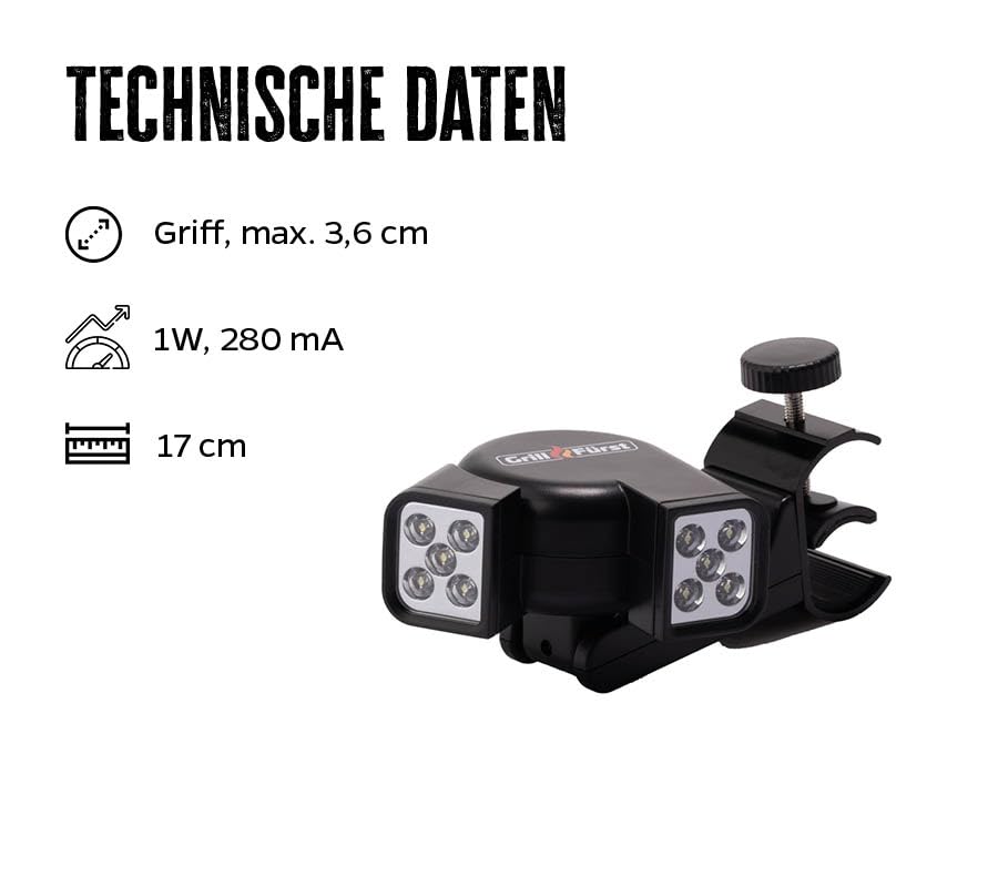 Grillfürst Universal LED Grilllampe - BBQ Grill-Licht - Grifflicht - Zwei schwenkbare Leuchtköpfe - Universell einsetzbares Grilllicht für viele Gasgrill Modelle