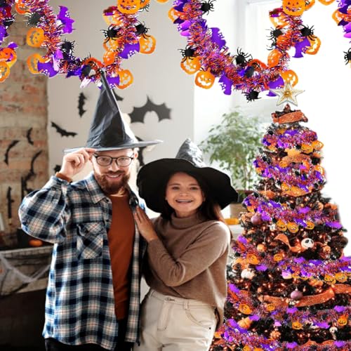 Image of 66 Ft Halloween Tinsel Garland with Orange Pumpkin Black Spider Purple Bat Glitter Tinsel Garland for Home Tree Ornaments Indoor Outdoor Party Halloween Decorations