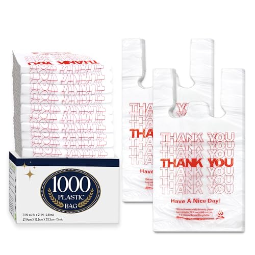 YoYoRain 1000 Pack White Thank You T-Shirt Bags with Handles, 11'x6'x21' Plastic Shopping Bags for Grocery, Retail & Takeout