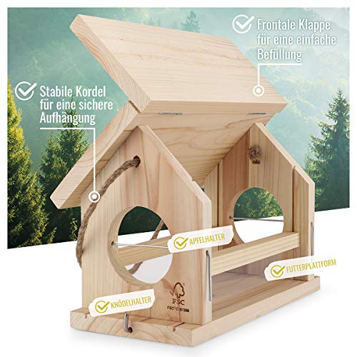 wildtier herz I Vogelfutterhaus M Handarbeit aus Natur-Holz für Gartenvögel wetterfest, naturbelassen I 30cm x 23.5cm x 20cm | Vogelhaus zum Aufhängen im Garten und Balkon