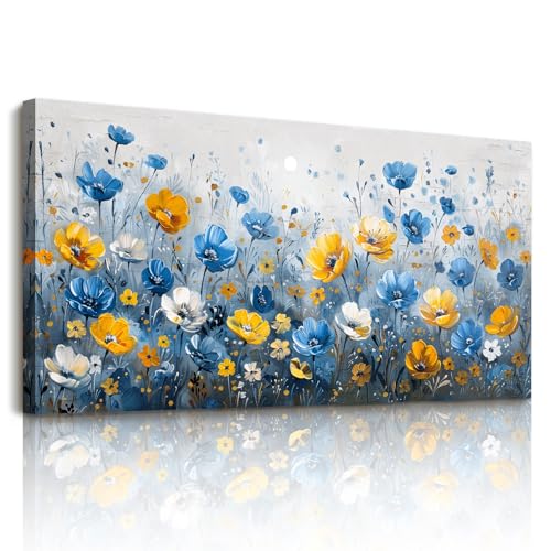 SERIMINO Flower Wall Art, Large Wall Art, Blue Wall Decor, Botanical Floral Canvas Prints, Natural Plant Watercolor Paintings for Living Room Bedroom Bathroom Farmhouse House Decorations 24'x48'
