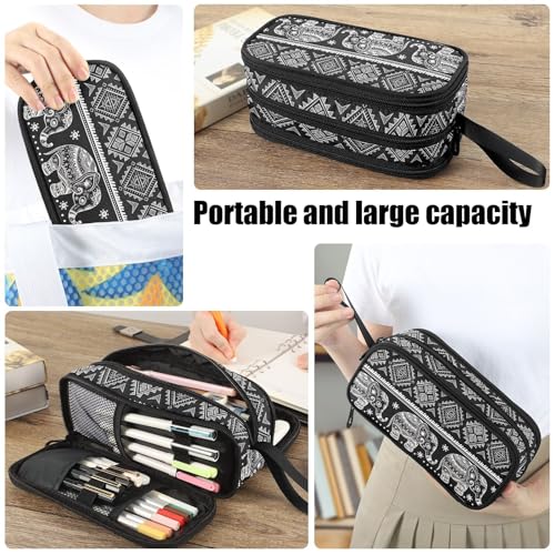 Image of Fustylead Indian Lotus Ethnic Elephant Large Pencil Pen Case Stationery Bag 3 Compartments School College Office Organizer